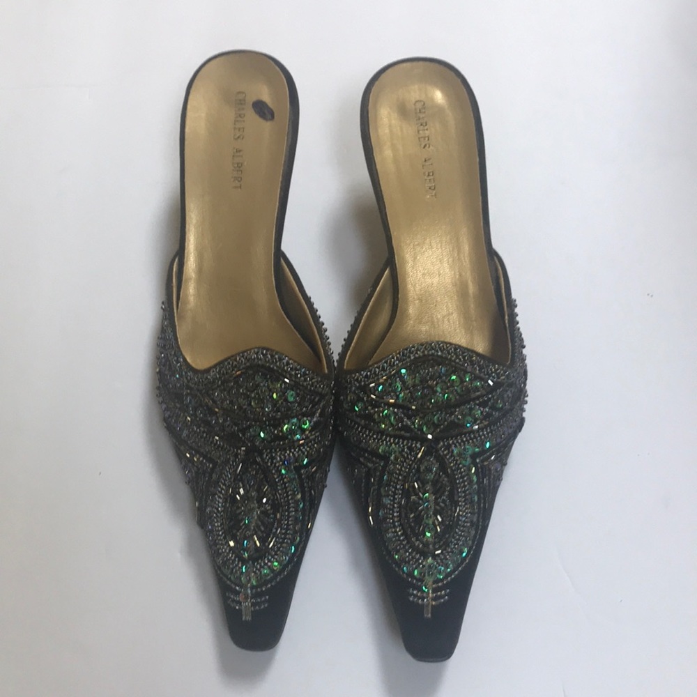 Beaded kitten heel mules 7.5 by Charles Albert